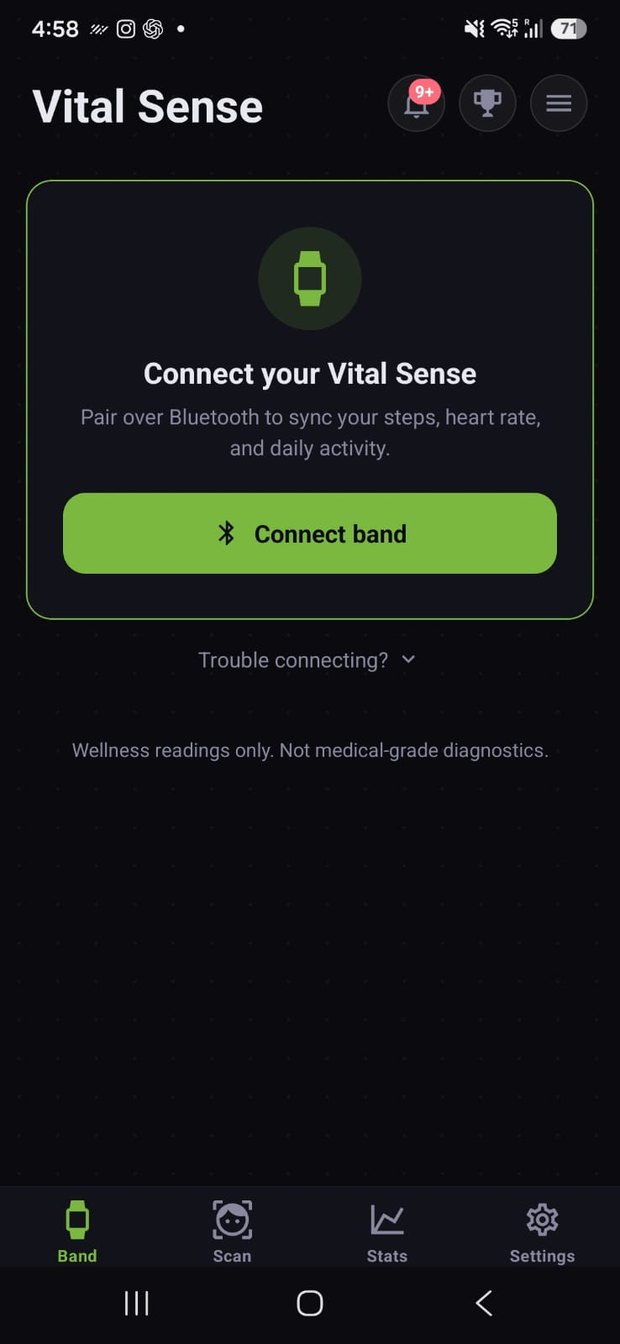 Pantalla de la app VitalHealth Global con la opción para conectar VitalSense por Bluetooth
